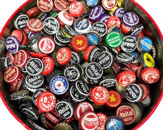 Vintage Lg Cookie Tin Full of Bottle Tops For Projects - Abita Beer, New Belgium 