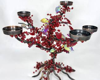 Red Beaded Wire Tree Candelabra Sculpture 