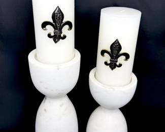 Set of Two Nicole Miller Marble Candle Holders with White Calvin Klein Candles 