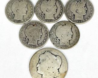 5 Barber Silver Half Dollars and 1 Morgan Silver Dollar 
