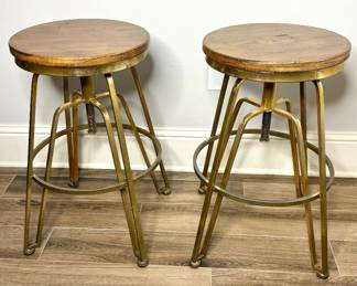 Set of 2 Swivel Top Barstools with Wood and Brass Metal Finish 