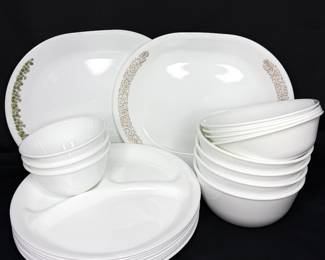 Set of White Corelle Dishes Including Divided Plates and 2 Platters 