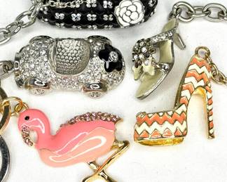 Set of 5 "Bling" and Enamel Keychains - Shoes, Flamingo, Car, and A Purse 