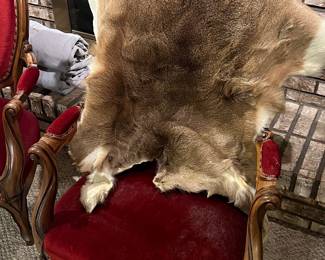 Antique wood carved parlor chairs; deer pelt