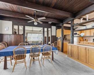 DININGROOM TABLE, CHAIRS, KITCHEN CABINETS, CEILING FAN