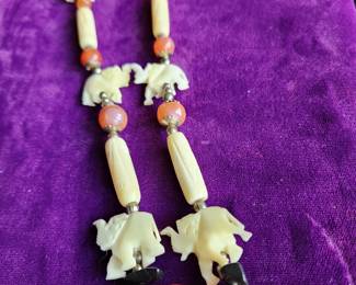 Elephant, Bone and Amber Necklace