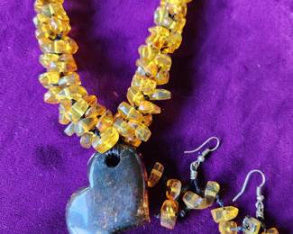 Honey Amber with Stone Pendant and Amber Earrings. 