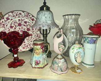 LENA LIU PORCELAIN MUSIC BOX & FENTON RUBY COMPOTE