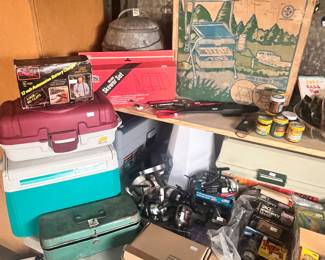 TACKLE BOXES, FISHING CHAIR, COLEMAN COOLER