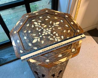 T6 - $195. Moroccan Octagonal Side Table. Bone & Mother of Pearl inlays. Measures 13.75” across x 18.5” tall. Excellent condition - one of the nicest we’ve seen.
