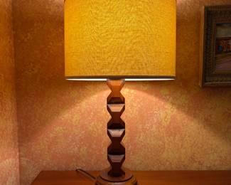 T38 - $60. Sculptural Wooden Table Lamp. Possibly Homemade. Measures 26.5" tall.