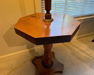 T76 - $75. Wood Floor Lamp with Side Table. Measures 15" x15" x 60.5" tall.