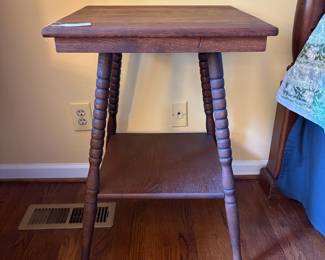T54 - $125. Antique Wooden Side Table. Measures 20" square x 28.75" tall. Sturdy and in excellent condition.