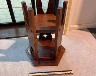 T21 - $125. Arts & Crafts Style Hexagon Side Table. Measures 13.5" x 12" x 17" tall. Sturdy & overall excellent condition.