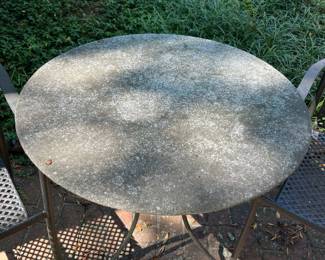 T81 - $275. Cement Top Patio Table with 2 Chairs & Bench. Table measures 27.5" round x 28.5" tall. 2 Arm Chairs are 23" x 22" x 36" tall. Bench is 42.5" x 22" x 36" tall.