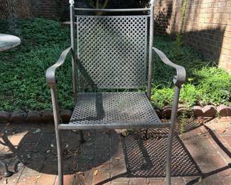 T81 - $275. Cement Top Patio Table with 2 Chairs & Bench. Table measures 27.5" round x 28.5" tall. 2 Arm Chairs are 23" x 22" x 36" tall. Bench is 42.5" x 22" x 36" tall.