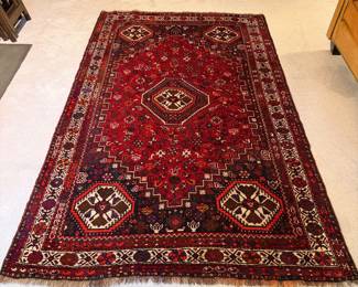 T1 - $395. Persian Shiraz Are Rug - feels like wool but no tag. Measures 70” x 113”. Very gently used - I think it’s relatively new.