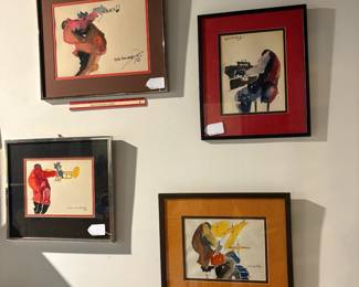 T75 - $850. Set of 4 Leo Meiersdorff Jazz Original Watercolors. 3 have the same woven matting and 1 is different. Frames all vary slightly sizes include 20" x 17", 18" x 16", 15" x 18"