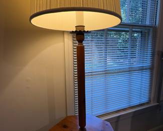 T76 - $75. Wood Floor Lamp with Side Table. Measures 15" x15" x 60.5" tall.