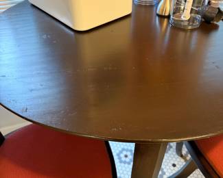 T25 - $150. Wooden Pub Table (Homemade?) with 2 Whitley Furniture Gallery Swivel Stools. Table is 41" round x 42.5" tall. Stools are 30" floor to seat. Stools are in very good condition. Table is sturdy but does have a bit of wiggle to it.