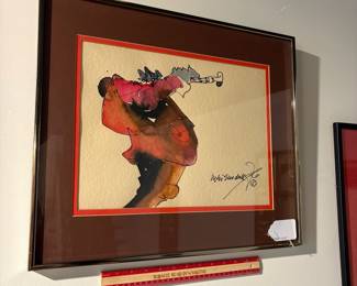 T75 - $850. Set of 4 Leo Meiersdorff Jazz Original Watercolors. 3 have the same woven matting and 1 is different.