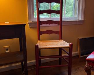 T57 - $40. Single Ladder Back Chair. Measures 17.25" wide x 14" deep x 43.75" tall. Floor to seat is 17.25".