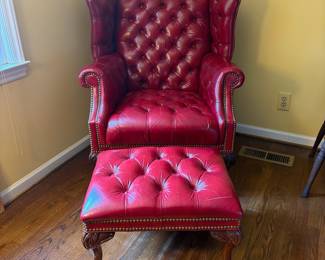 T53 - $325. Queen Anne Tufted Leather Chair & Ottoman. Excellent Condition. Measures 33" x 33" deep x 41" tall. Floor to Seat is 18". Ottoman is 23" x 18" x 15".