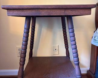 T54 - $125. Antique Wooden Side Table. Measures 20" square x 28.75" tall. Sturdy and in excellent condition.
