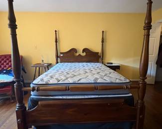 T67 - $425. Queen 4 Poster Bed - Pine Wood. Measures 64" wide x 90.5" long x 72" tall. Mattress and Box Spring are only a couple months old - included for free if you want them.