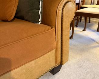 T2 - $950. Highland House “Expressions” Leather Sofa with Down Cushion. VERY squishy seat! Very deep seat. One arm has some cracking in the leather the other is still perfect. See photos. Measures 7’ long x 45” deep x 36” tall. Floor to Seat is 20”.