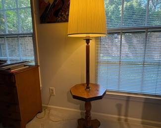 T76 - $75. Wood Floor Lamp with Side Table. Measures 15" x15" x 60.5" tall.