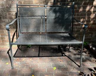T81 - $275. Cement Top Patio Table with 2 Chairs & Bench. Table measures 27.5" round x 28.5" tall. 2 Arm Chairs are 23" x 22" x 36" tall. Bench is 42.5" x 22" x 36" tall.