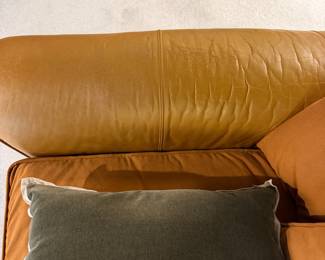 T2 - $950. Highland House “Expressions” Leather Sofa with Down Cushion. VERY squishy seat! Very deep seat. One arm has some cracking in the leather the other is still perfect. See photos. Measures 7’ long x 45” deep x 36” tall. Floor to Seat is 20”.