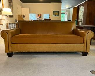 T2 - $950. Highland House “Expressions” Leather Sofa with Down Cushion. VERY squishy seat! Very deep seat. One arm has some cracking in the leather the other is still perfect. See photos. Measures 7’ long x 45” deep x 36” tall. Floor to Seat is 20”.