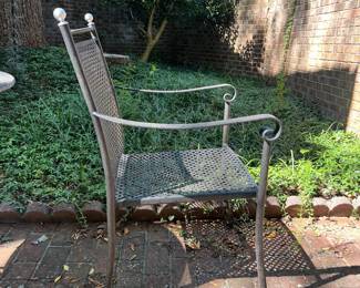 T81 - $275. Cement Top Patio Table with 2 Chairs & Bench. Table measures 27.5" round x 28.5" tall. 2 Arm Chairs are 23" x 22" x 36" tall. Bench is 42.5" x 22" x 36" tall.