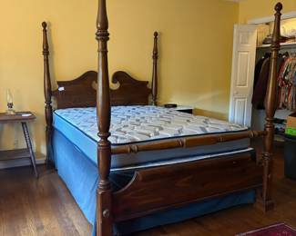 T67 - $425. Queen 4 Poster Bed - Pine Wood. Measures 64" wide x 90.5" long x 72" tall. Mattress and Box Spring are only a couple months old - included for free if you want them.