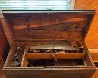 T45 - $350. Antique Carpenters Tool Chest. NO TOOLS included - Chest Only. Measures 37.5" x 17" x 17.5" tall.
