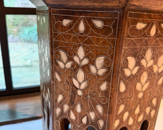 T6 - $195. Moroccan Octagonal Side Table. Bone & Mother of Pearl inlays. Measures 13.75” across x 18.5” tall. Excellent condition - one of the nicest we’ve seen.
