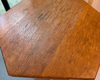 T22 - $125. Arts & Crafts Style Hexagon Wooden Side Table. Measures 13" x 15" x 17.5".