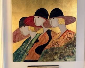 T7 - $2,250. Stephen White 2008. Three Woman With Hats. Painted on Board. Measures 24" x 24" square. Very good estate condition - minor scratch on hat and left cheek.