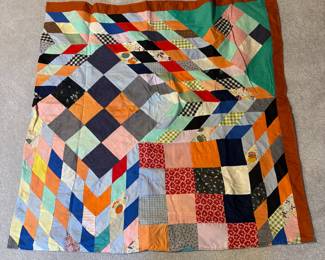 T73 - $50. Patchwork Lap Quilt - Finished but with binding only on 2 sides. Measures 35.5" square. Very Good Condition.