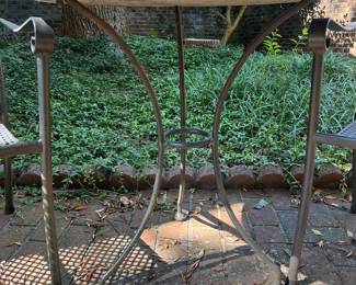 T81 - $275. Cement Top Patio Table with 2 Chairs & Bench. Table measures 27.5" round x 28.5" tall. 2 Arm Chairs are 23" x 22" x 36" tall. Bench is 42.5" x 22" x 36" tall.
