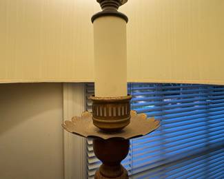 T76 - $75. Wood Floor Lamp with Side Table. Measures 15" x15" x 60.5" tall.