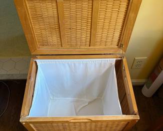 T56 - $35. Wood & Rattan Laundry Hamper. Measures 20.5" x 14.25" x 21" tall.