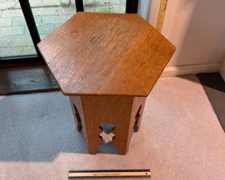 T22 - $125. Arts & Crafts Style Hexagon Wooden Side Table. Measures 13" x 15" x 17.5".