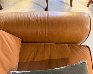 T2 - $950. Highland House “Expressions” Leather Sofa with Down Cushion. VERY squishy seat! Very deep seat. One arm has some cracking in the leather the other is still perfect. See photos. Measures 7’ long x 45” deep x 36” tall. Floor to Seat is 20”.