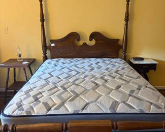 T67 - $425. Queen 4 Poster Bed - Pine Wood. Measures 64" wide x 90.5" long x 72" tall. Mattress and Box Spring are only a couple months old - included for free if you want them.