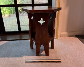 T21 - $125. Arts & Crafts Style Hexagon Side Table. Measures 13.5" x 12" x 17" tall. Sturdy & overall excellent condition.