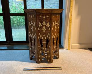 T6 - $195. Moroccan Octagonal Side Table. Bone & Mother of Pearl inlays. Measures 13.75” across x 18.5” tall. Excellent condition - one of the nicest we’ve seen.