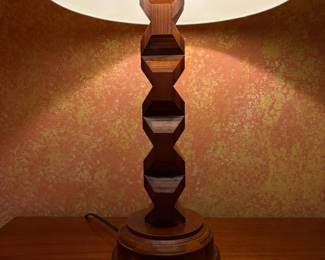 T38 - $60. Sculptural Wooden Table Lamp. Possibly Homemade. Measures 26.5" tall.
